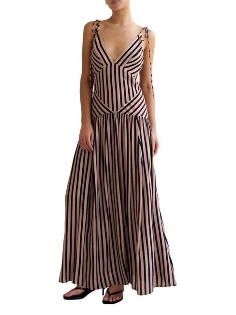 Striped V-Neck Tie-Shoulder Maxi Dress - Black & Cream